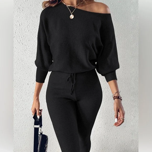 CHICME NIP S Black Ribbed Knit 2-piece set skew loose top stretchy tight Pants - Picture 3 of 4